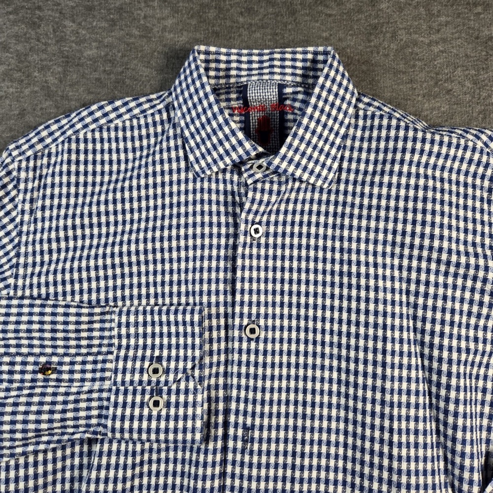 Visconti Black Long Sleeve Button Up Shirt Mens Size Medium Blue Geometric Check